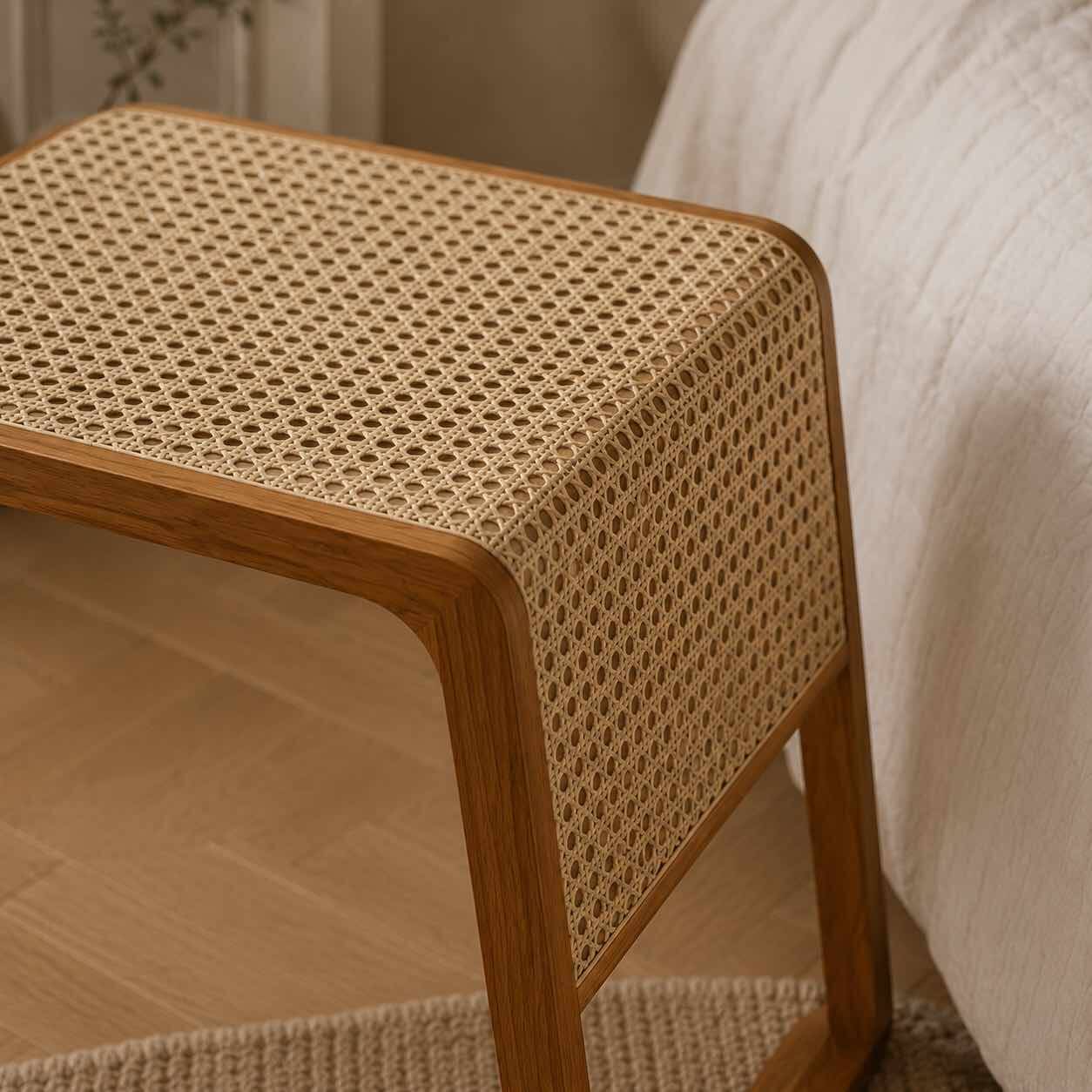 Table d’appoint de lit en bois et rotin en bois de teck
