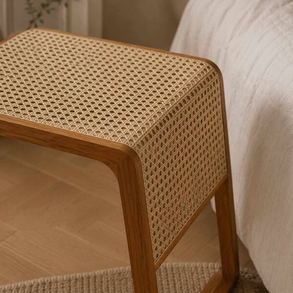 Table d’appoint de lit en bois et rotin en bois de teck