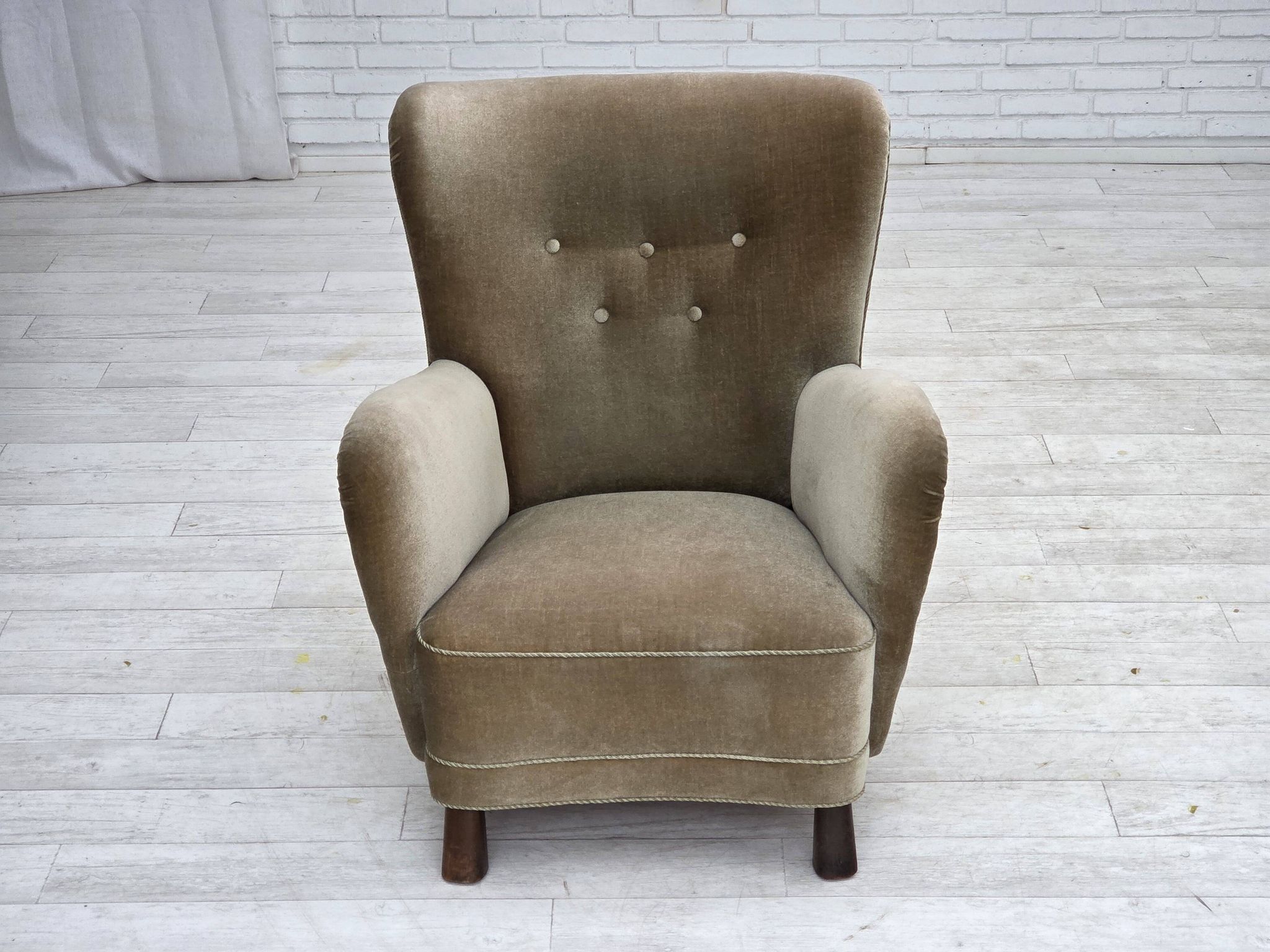 1960s, Danish armchair, green furniture velour, oak wood legs.