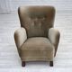 1960s, Danish armchair, green furniture velour, oak wood legs.