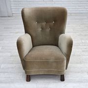 1960s, Danish armchair, green furniture velour, oak wood legs.