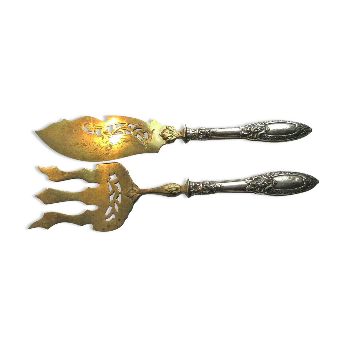 Fish cutlery in case, engraved, chiseled, silver and gilded metal