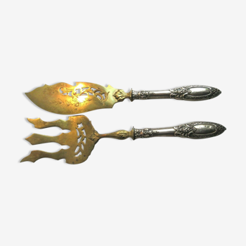 Fish cutlery in case, engraved, chiseled, silver and gilded metal
