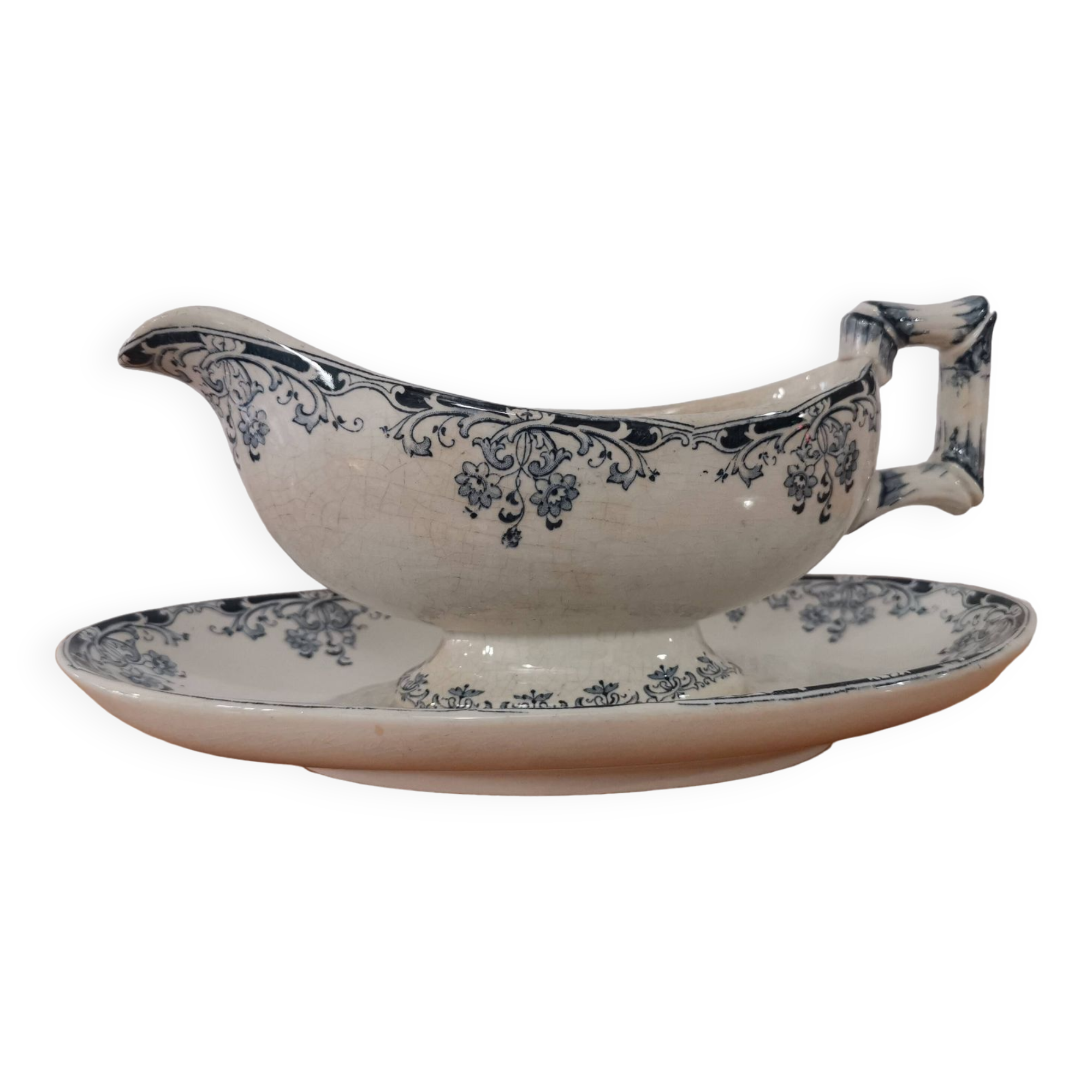 Gravy boat on foot in blue/green iron clay model "Mignon", H & Cie Sarreguemines