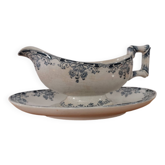 Gravy boat on foot in blue/green iron clay model "Mignon", H & Cie Sarreguemines