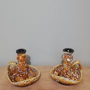 Pair of honey-colored Fat Lava ceramic candle holders