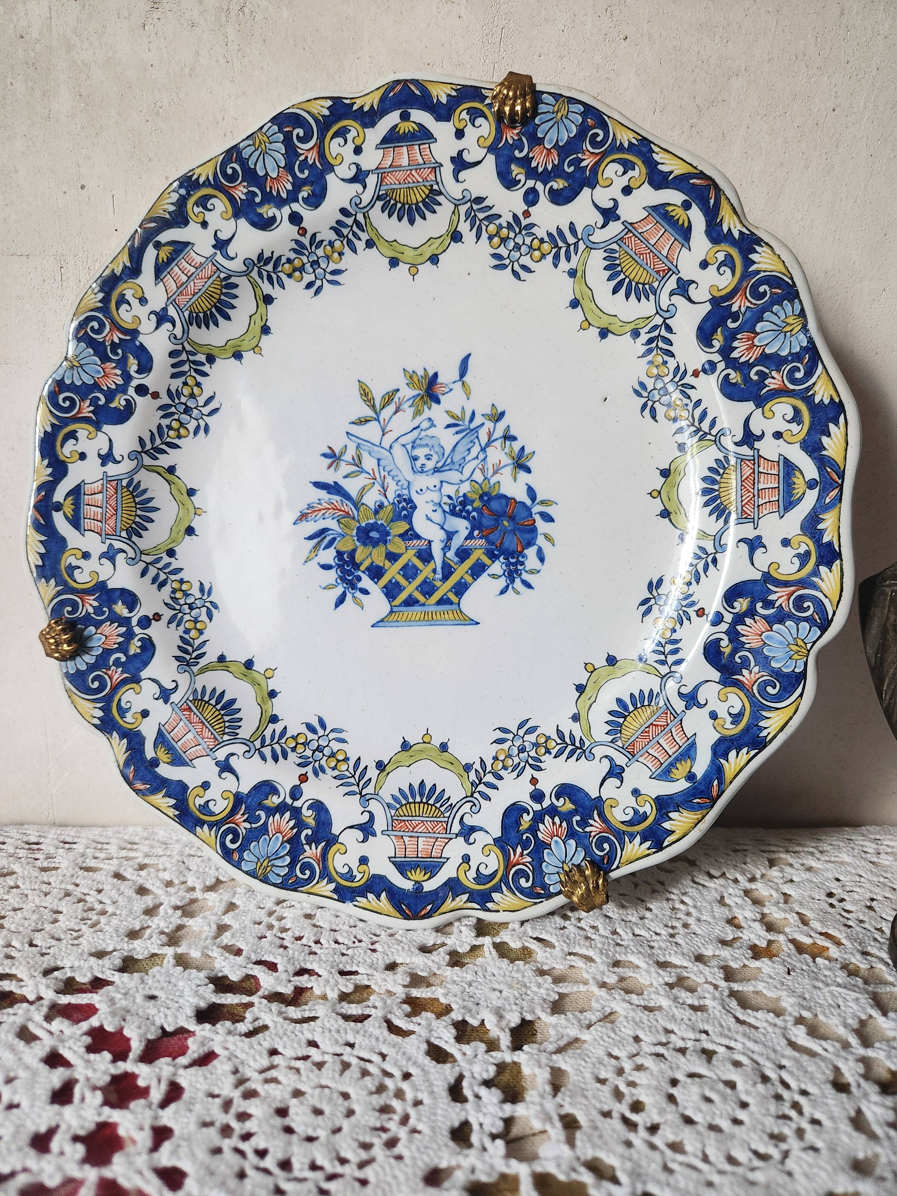 Antique French 19th Century Quimper 'First Mark HB' Plate Angel Cherub Deco