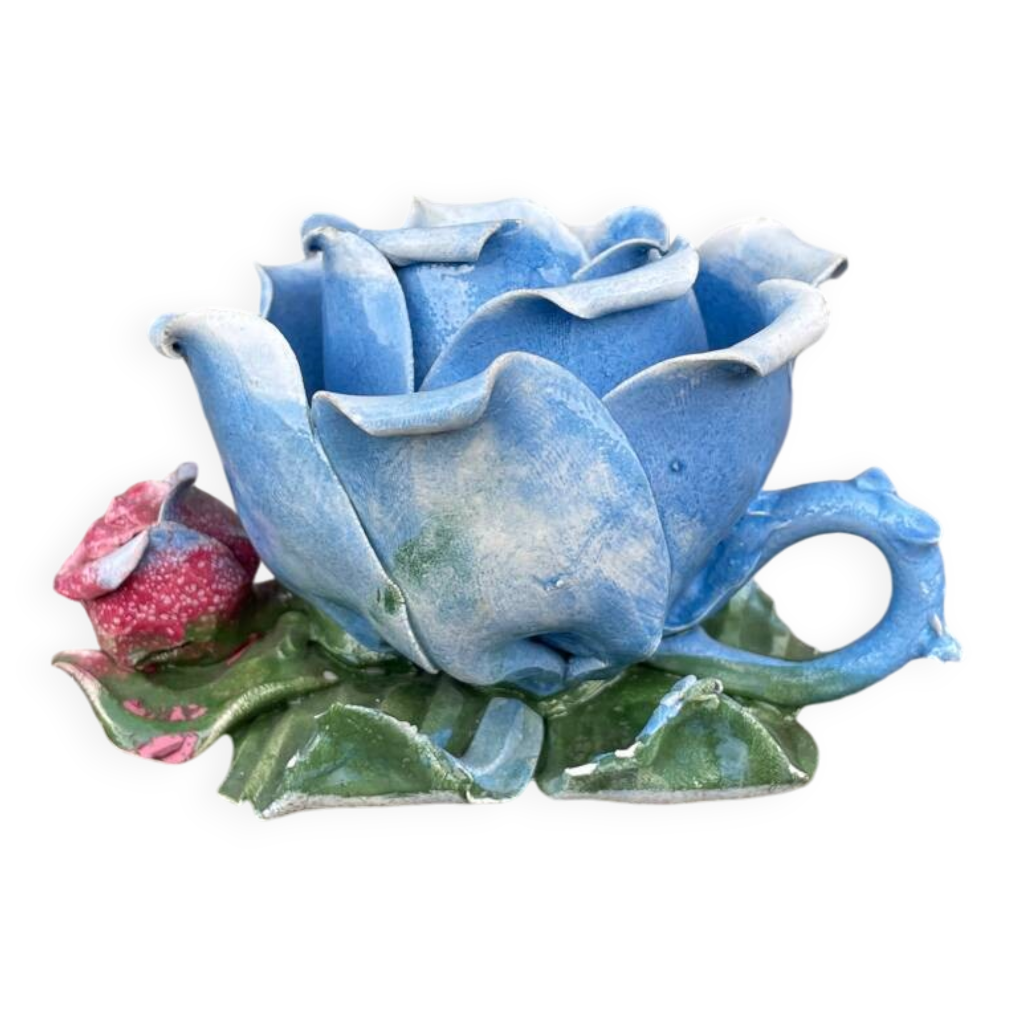 Old barbotine candle holder in the shape of a rose