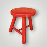 Tabouret vintage, porte-plante tripode en bois laqué rouge