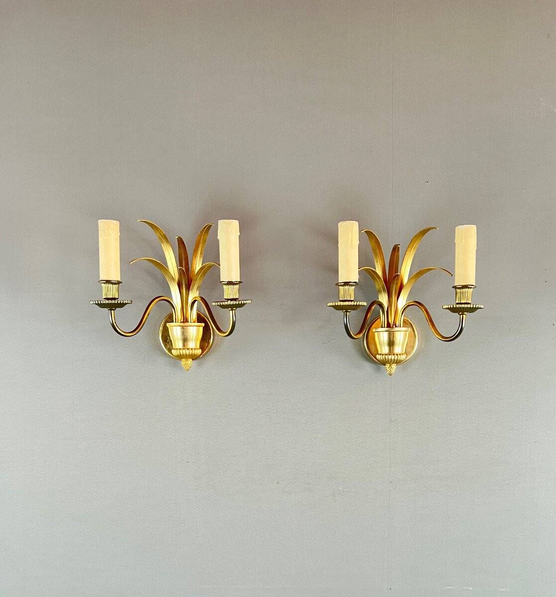 Pair of gilded brass wall lights, 20th century