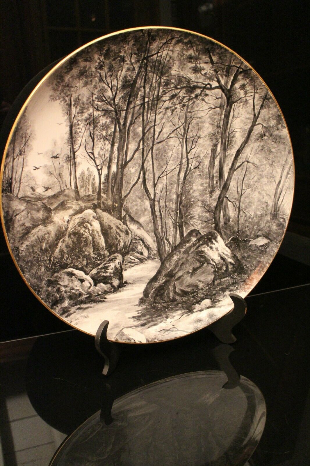 Important earthenware dish Creil Montereau forest Fontainebleau signed Gauthier 1886