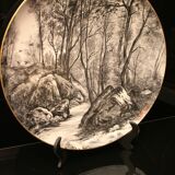Important earthenware dish Creil Montereau forest Fontainebleau signed Gauthier 1886