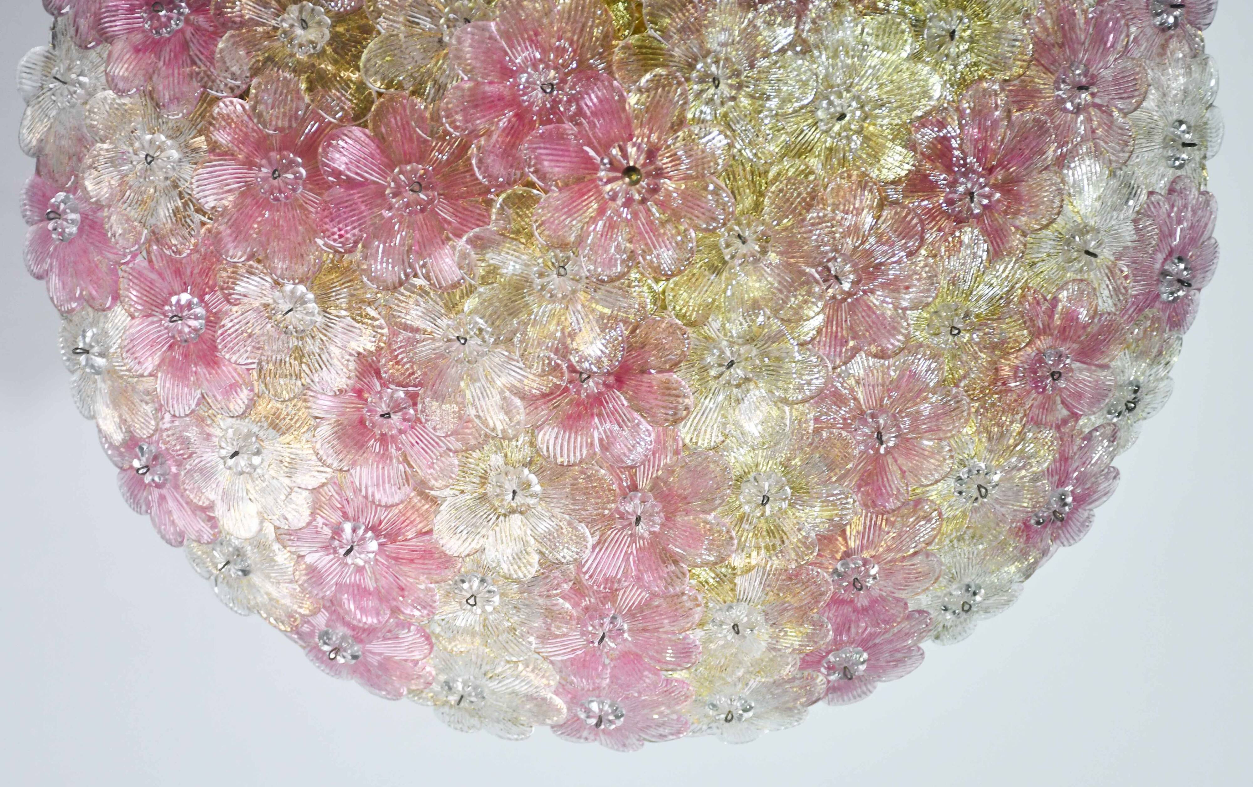 Amazing Pink and Gold Large Size Murano Ceiling Light Flower by Seguso