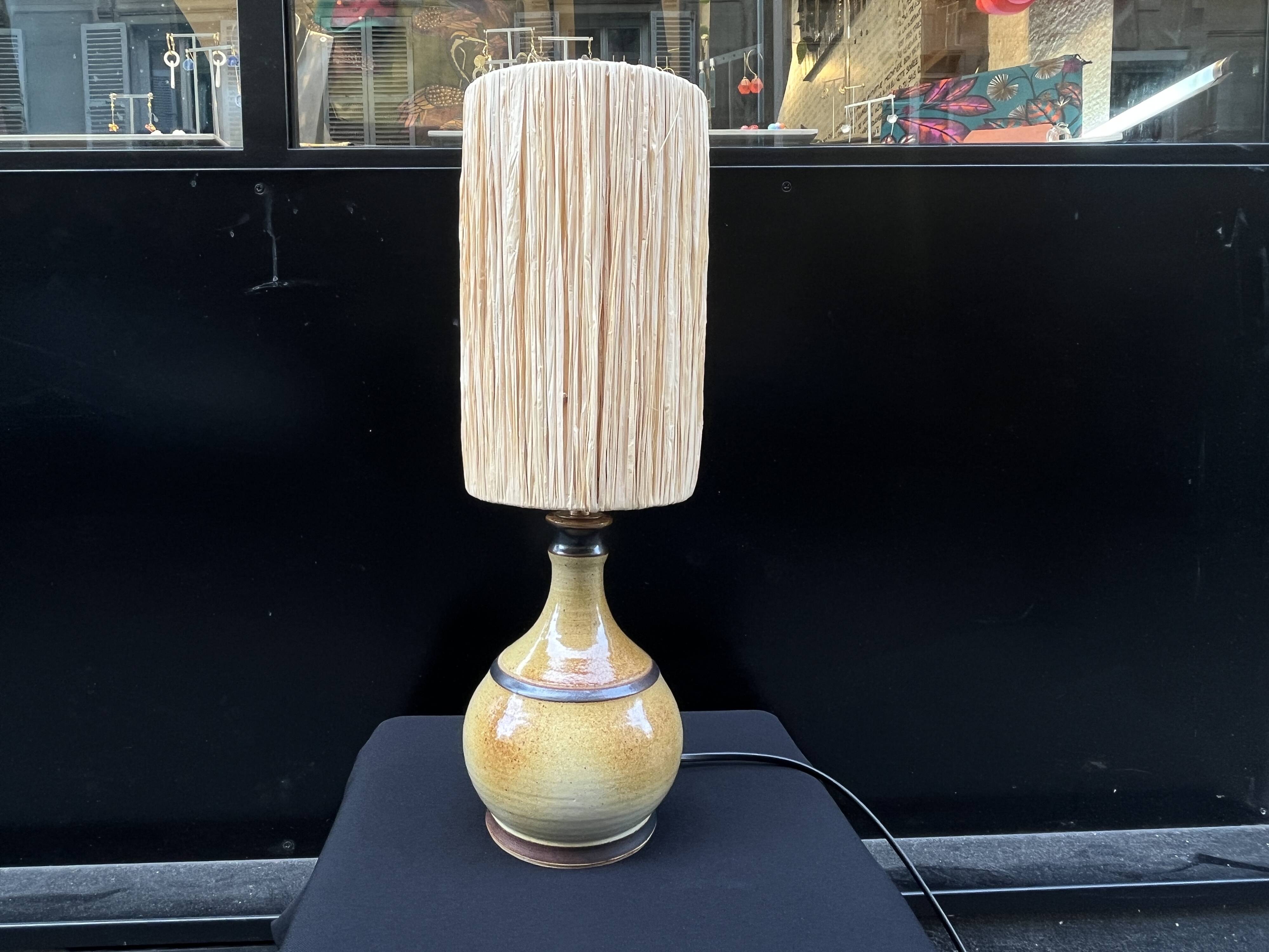 Vintage stoneware lamp signed beige brown raffia rope lampshade 1970