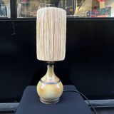 Lampe vintage en grès signée beige marron abat-jour en raphia corde 1970