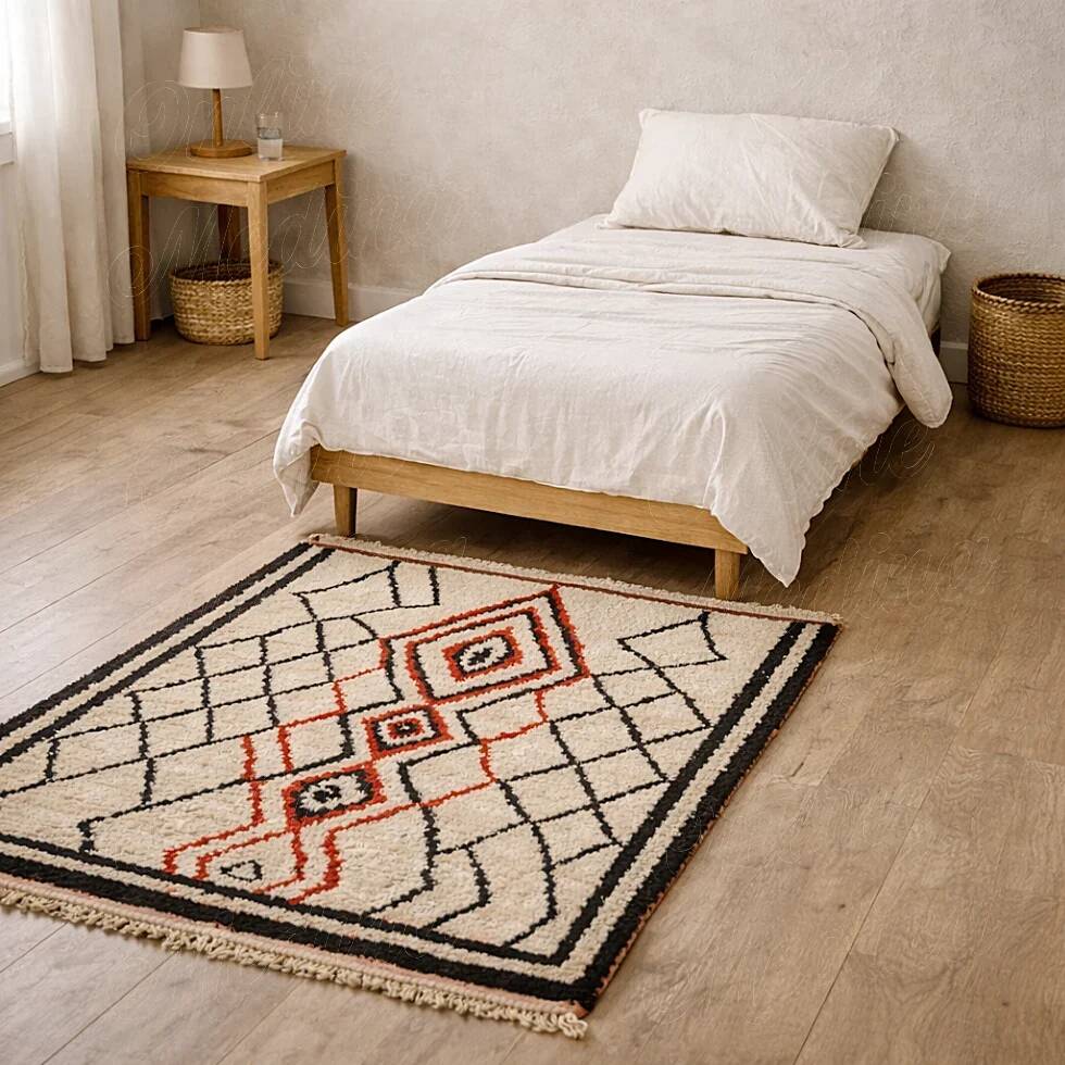 Ecru Berber rug with diamond patterns in structured Atlas style.