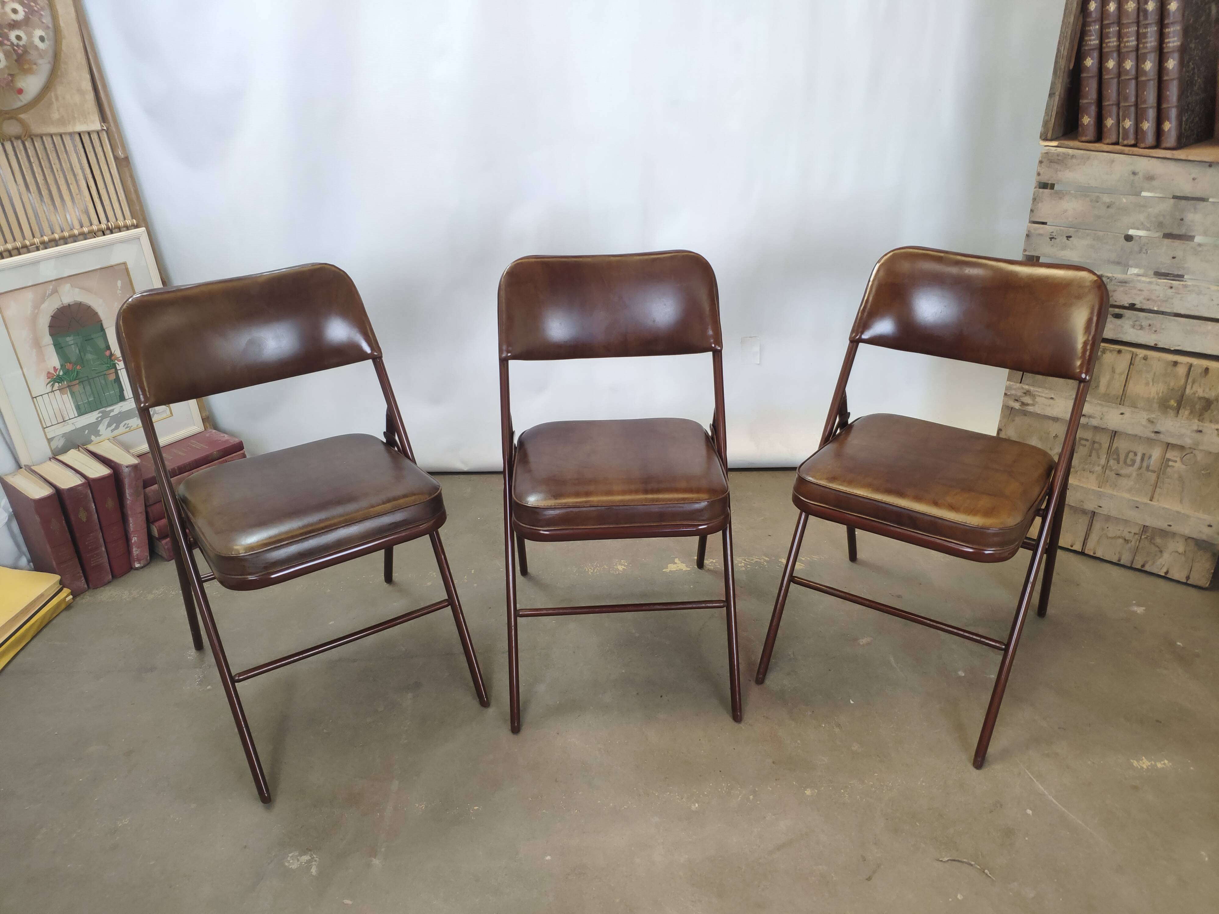 Rare suite de 3 chaises Samsonite 1977 assise marron