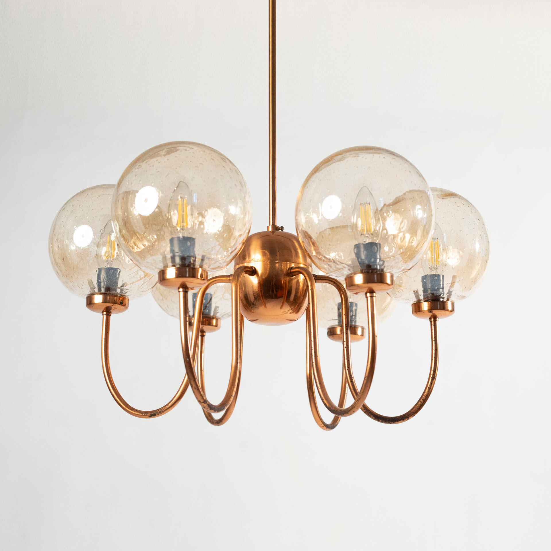 Chandelier in patinated copper and bubble glass produced by elmed, poland, 1970s