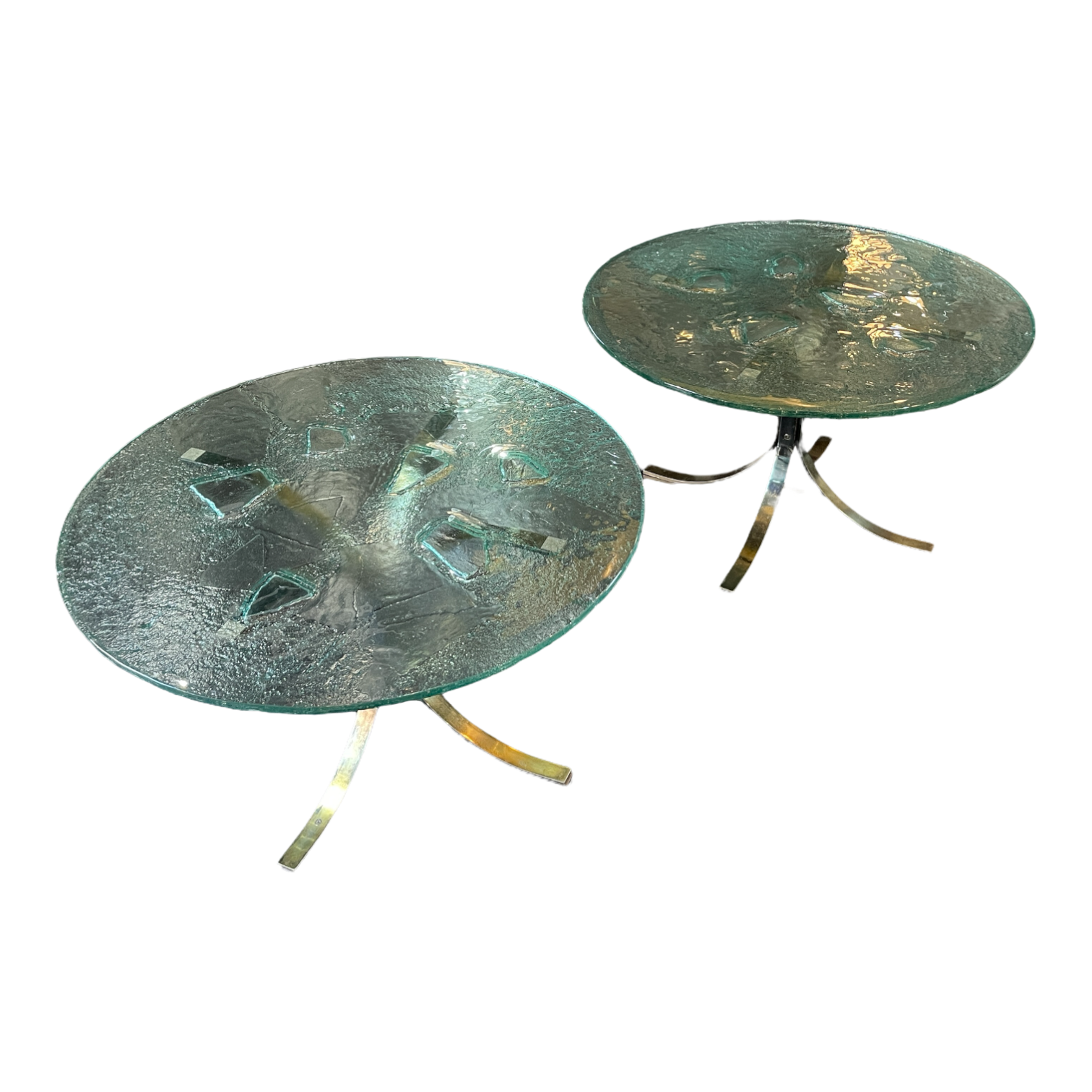 Pair of round coffee tables, glass, ca 1970