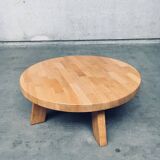 Brutalist Oak Round Coffee Table from Meubelfabriek Oisterwijk, Netherlands, 1960s