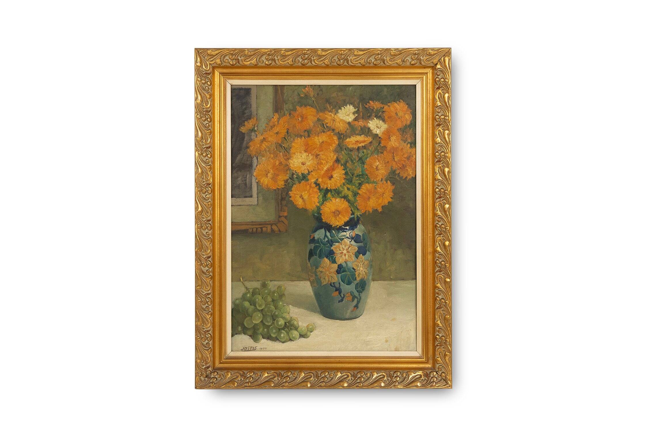 Belgian Still Life Painting by Jos Pas, 1944 — Flowers and Grapes in a Vase