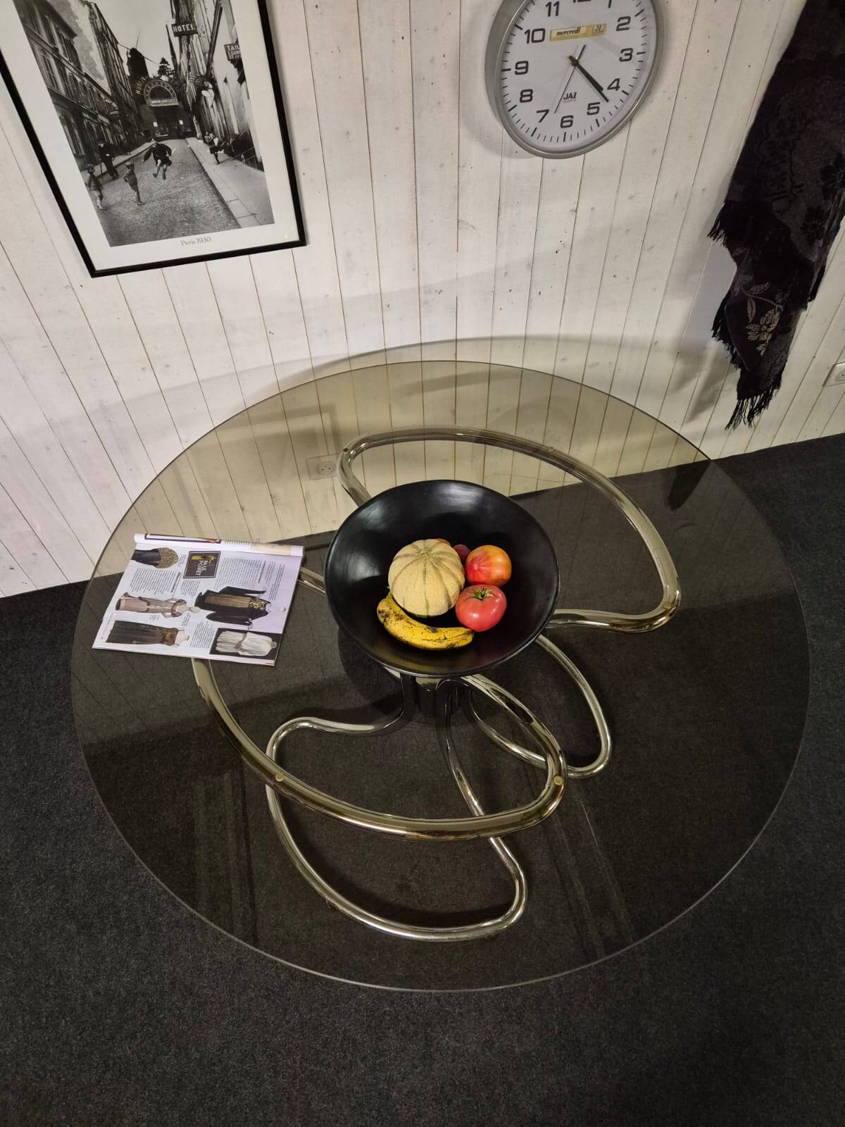 Chrome and smoked glass table.