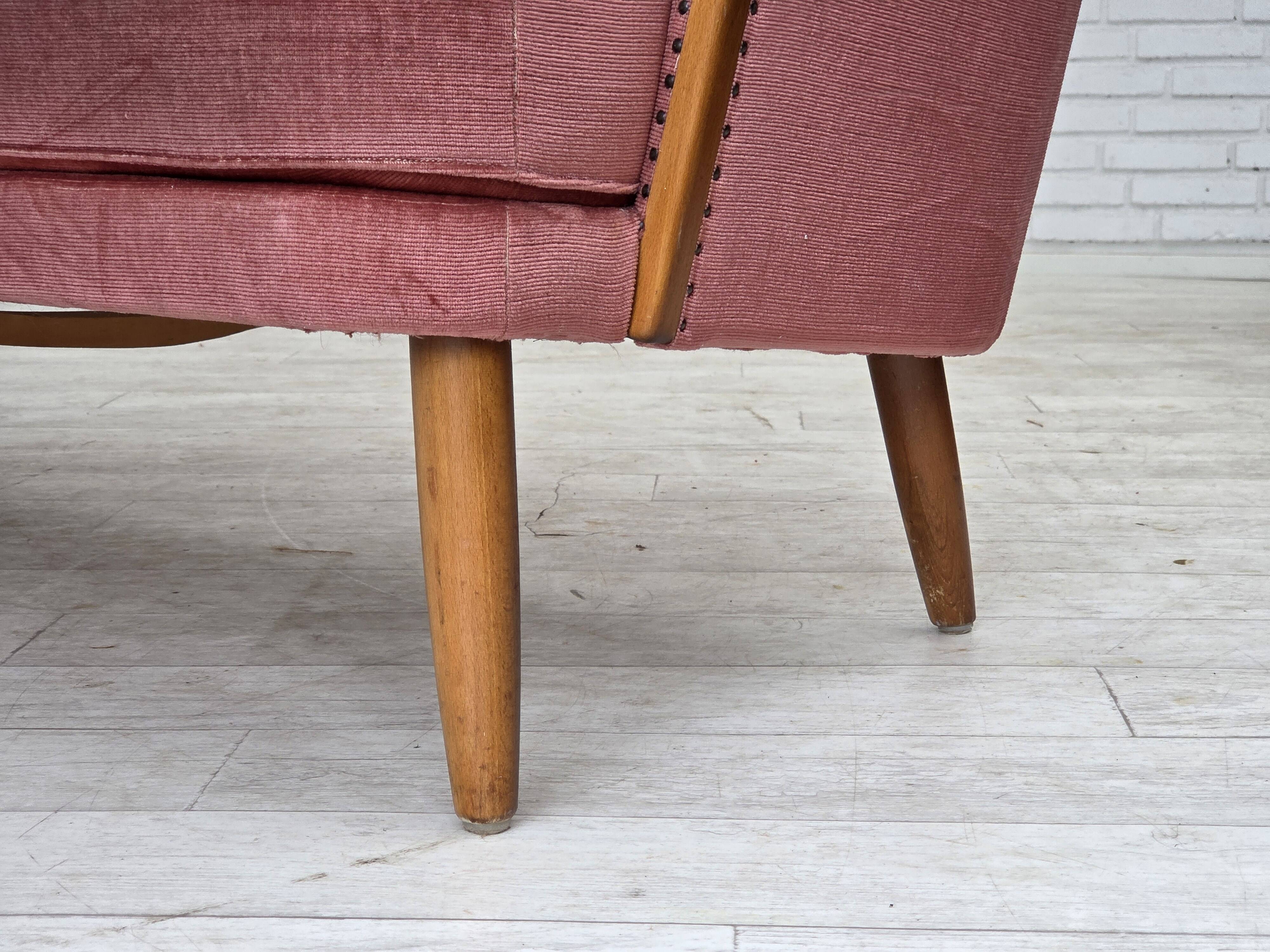 1970s, 2-seater Swedish sofa, pink furniture velour, beech wood.