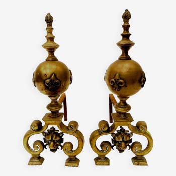 Pair of Renaissance style log andirons in gilded bronze 19th century