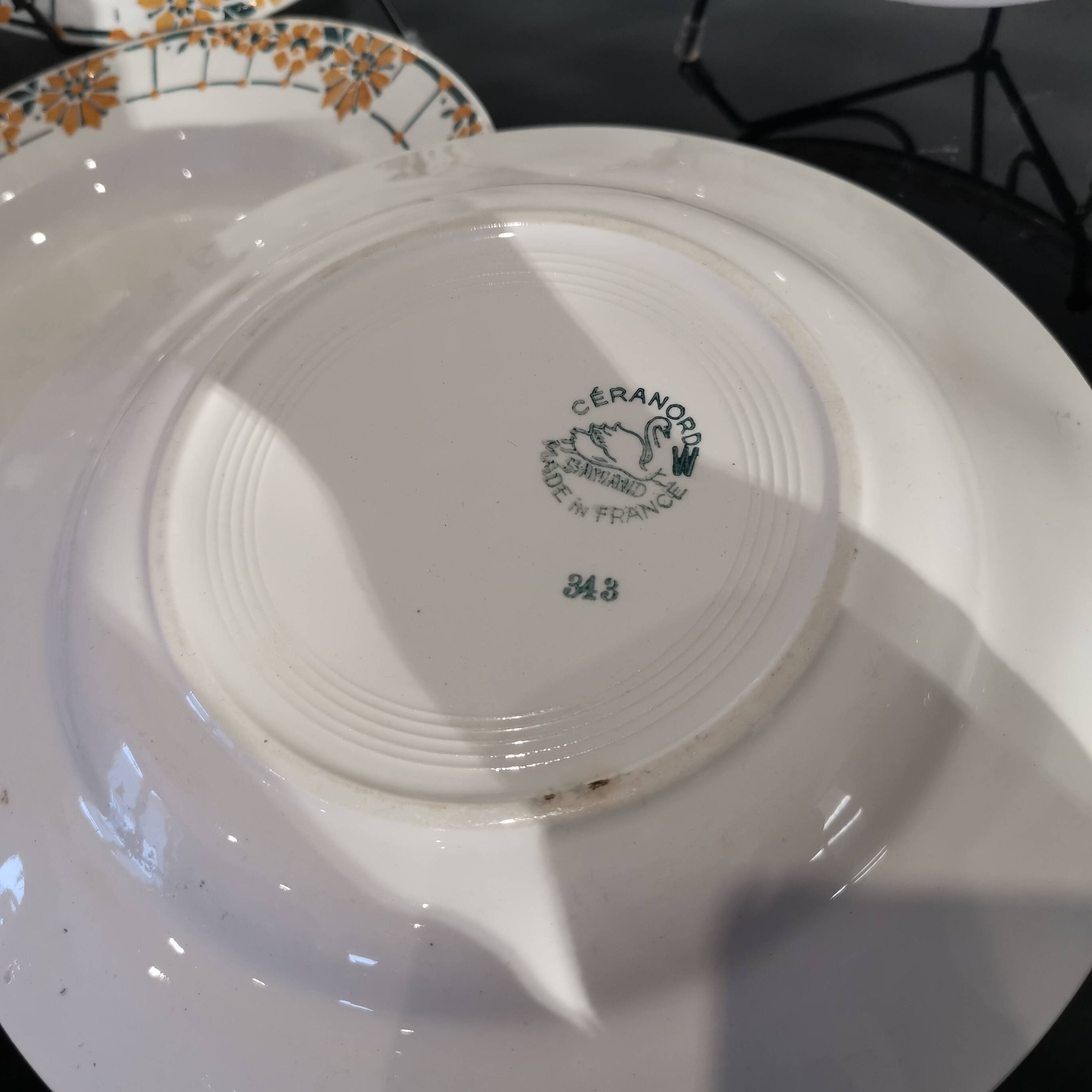 Series of 6 Saint Amand Ceranord soup plates, ocher and green pattern France