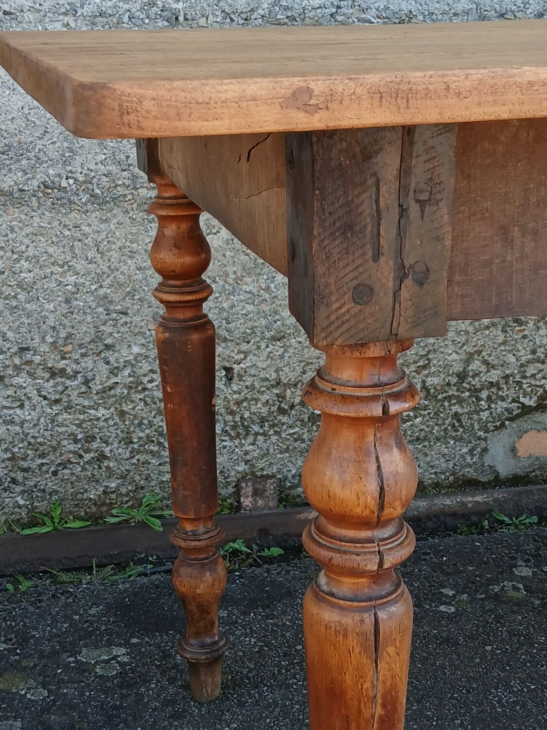 Farm table, turned wooden legs
