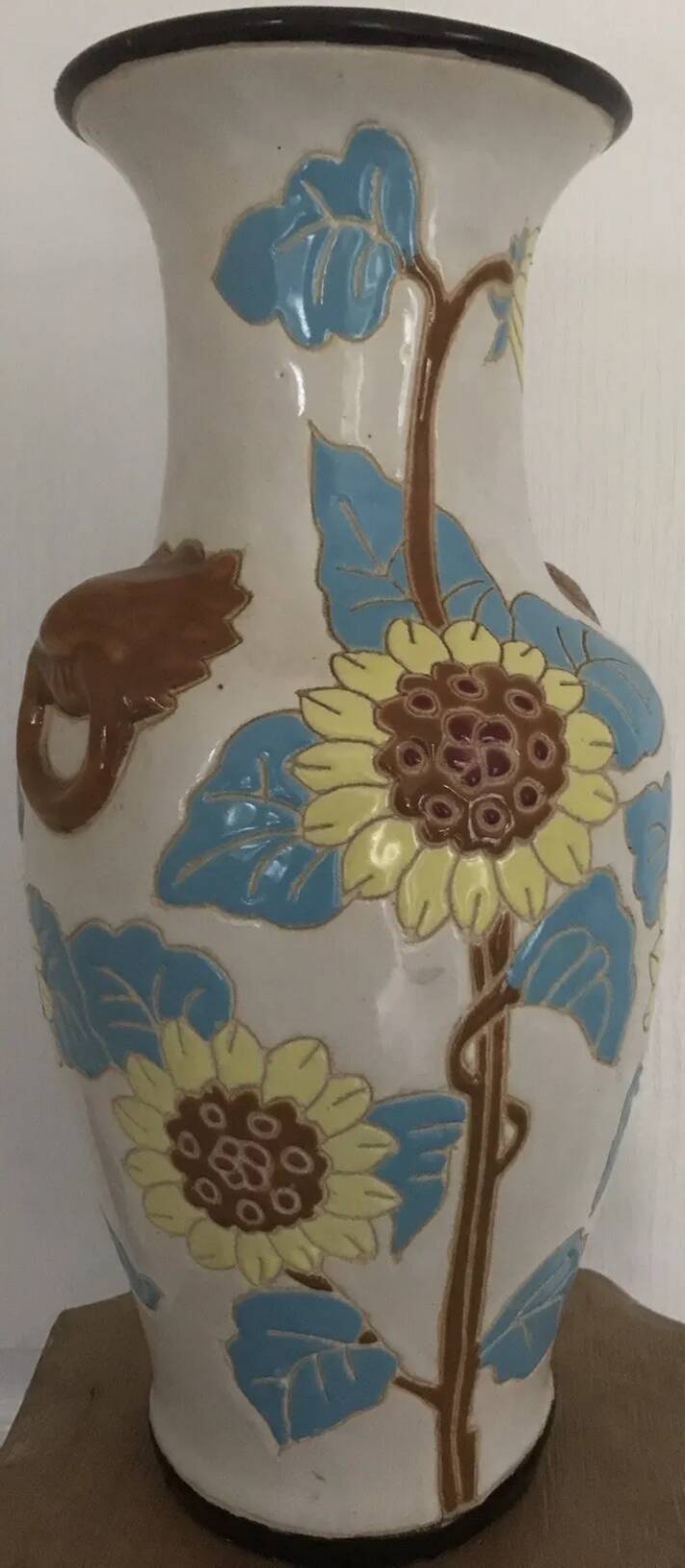 Glazed ceramic vase with polychrome decoration of sunflower flowers 36 cm