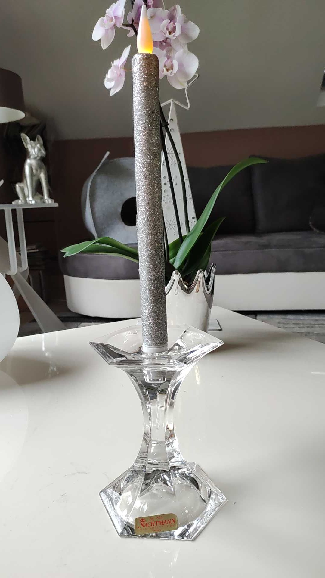 Torch candle holder in finely cut hexagonal crystal labeled Nachtmann