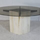 Living table, Comblanchian stone base and elliptical tray in smoked glass, Italy, 1970