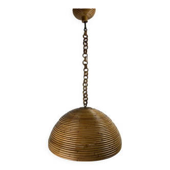 Midcentury pencil reed rattan bamboo pendant hanging lamp, Italy, 1970s
