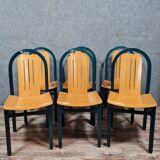 Series of 6 chairs of the brand Baumann model Argos in stained beech and varnished natural wood