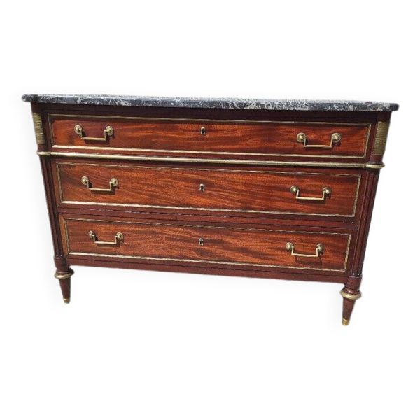 Commode louis xvi en acajou avec 3 tiroirs du xix ème siecle