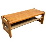 Scandinavian pine bench with canvas storage, 1970s