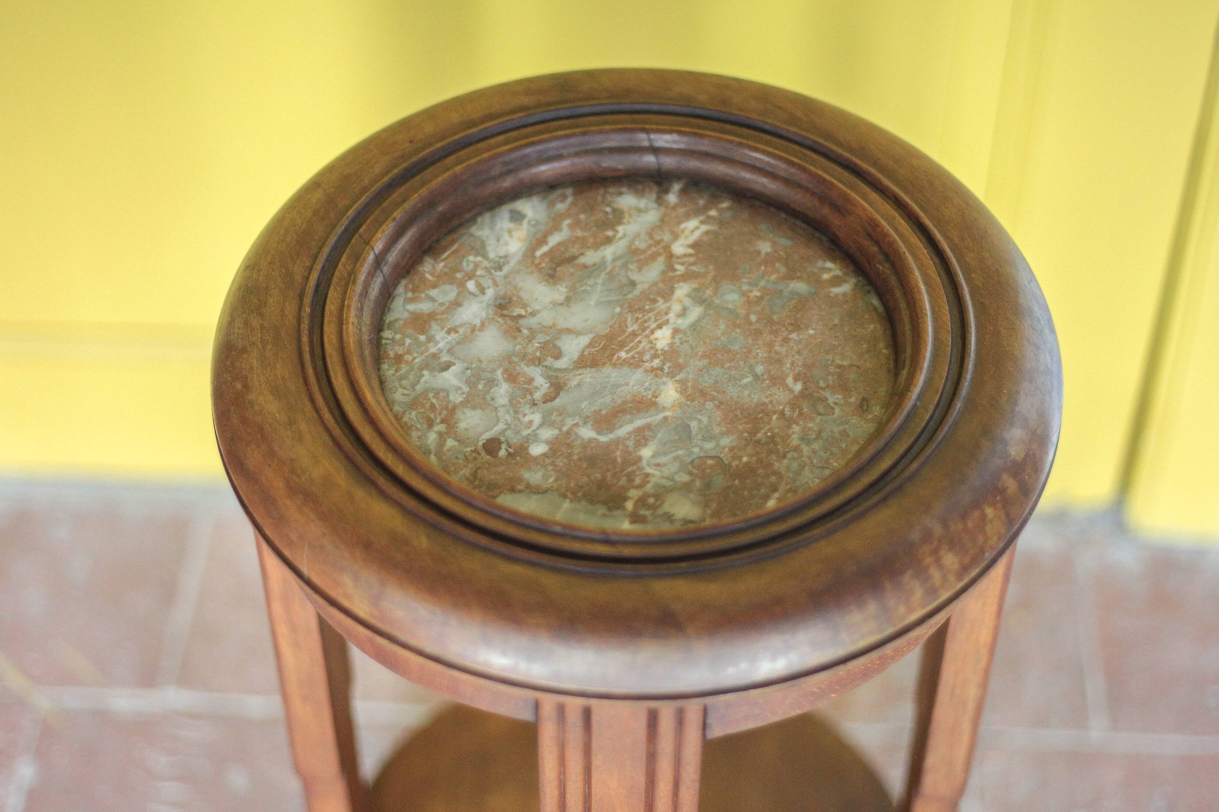 Vintage wooden side table, wooden and marble pedestal table, wooden pedestal, plant stand.
