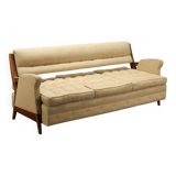 Canapé 3 places vintage des années 50-60, tissu beige et bois