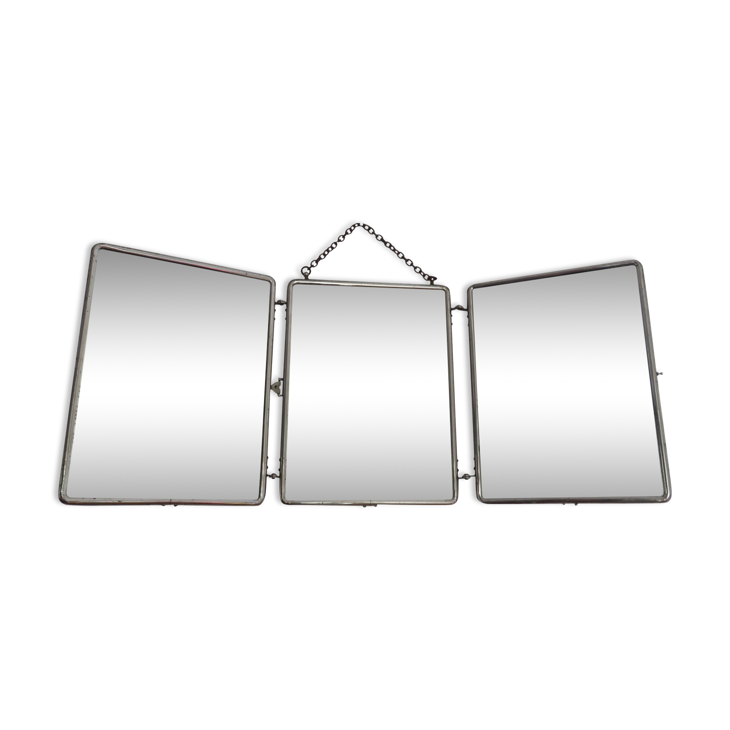 Miroir de barbier triptyque à chainette avec fermoir années 30 40