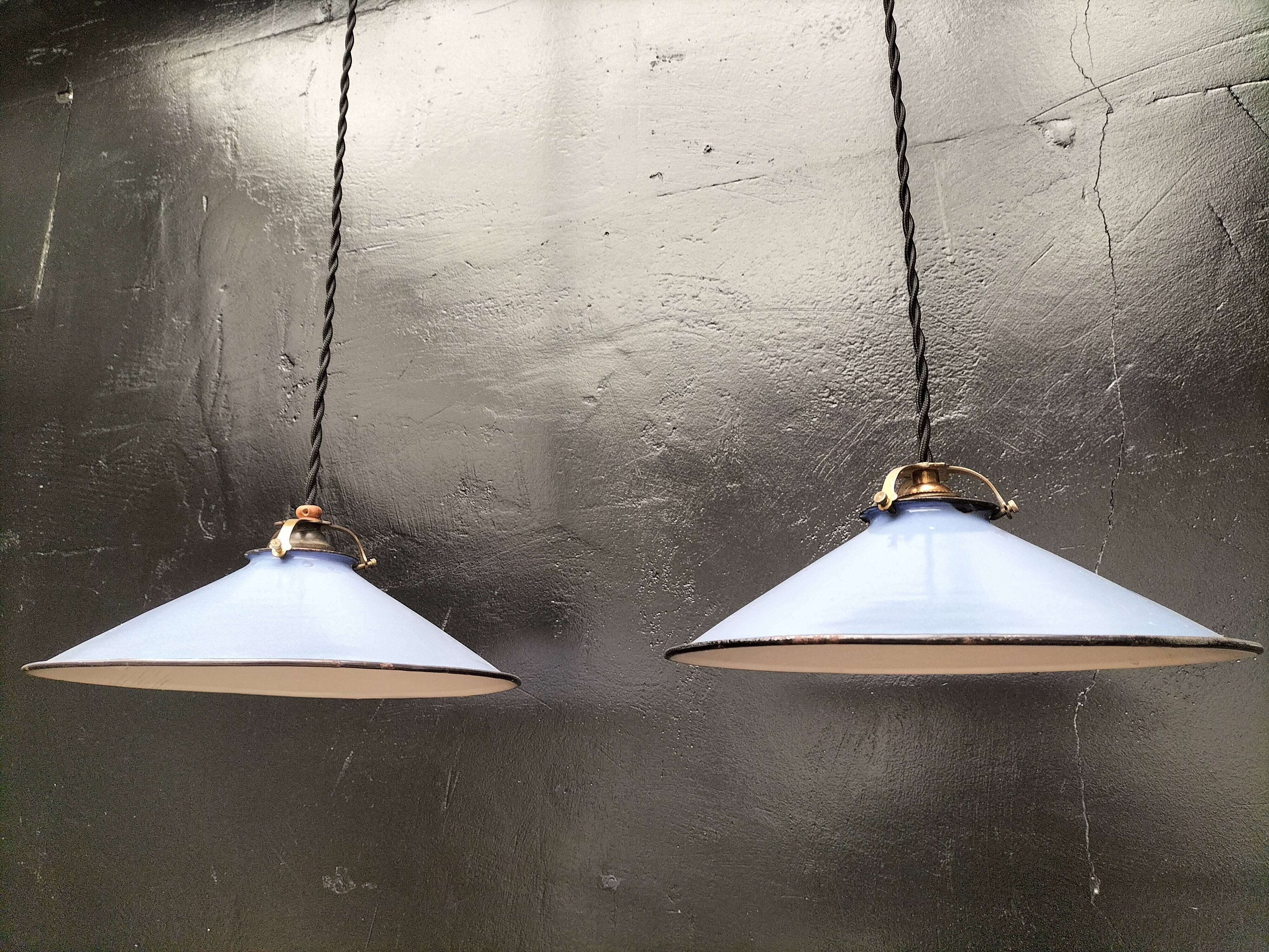 Pair of blue enameled sheet metal pendant lights