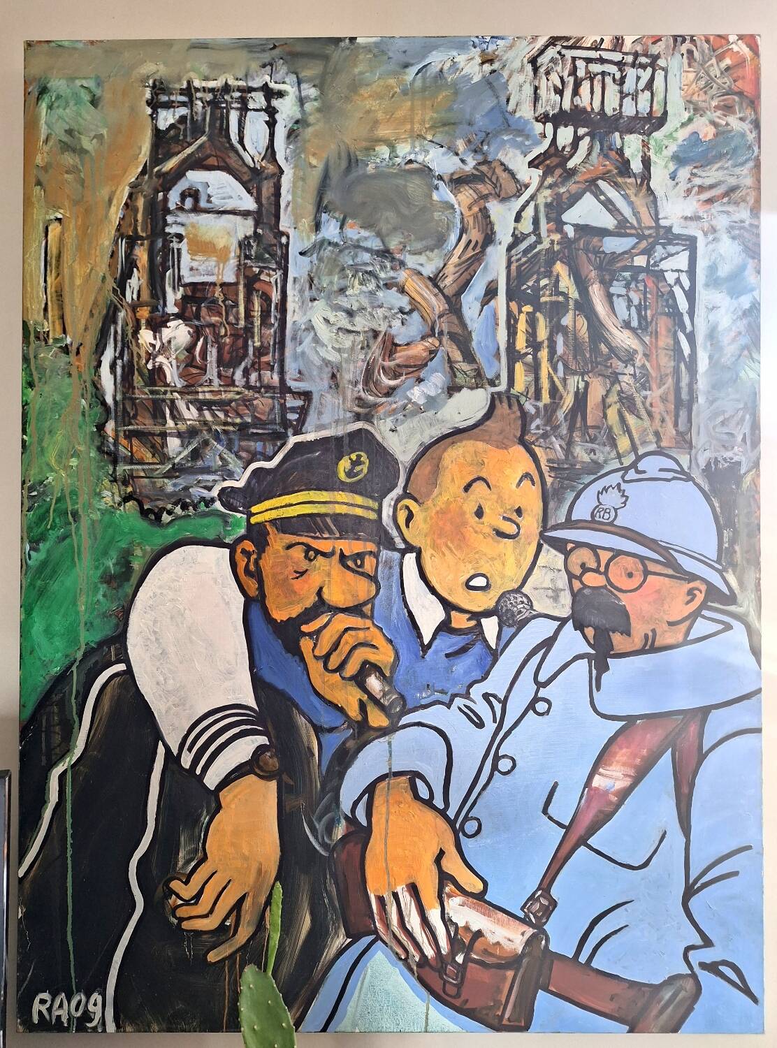 Large Tintin canvas, Captain Haddock, Tryphon Calculus, vintage painting