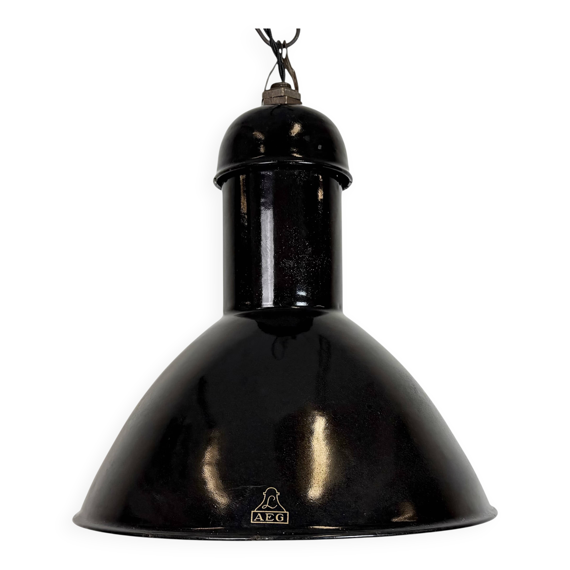 Black Enamel Industrial Pendant Lamp from AEG, 1930s