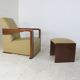 Leather armchair and art deco wood with Oottoman by Hugues Chevalier 2000s