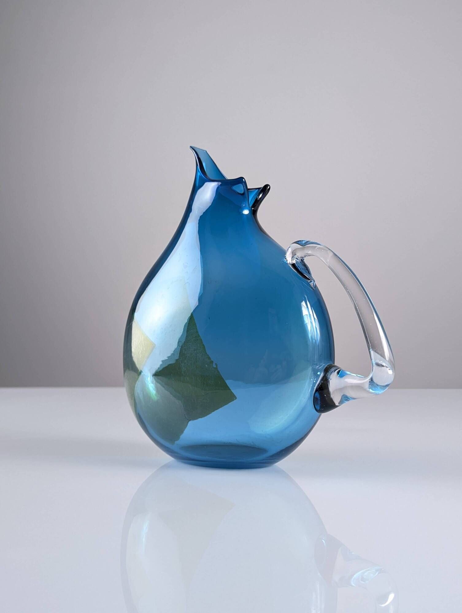 Unique Hand-Blown Glass Jug Signed by 20th Century Artisan – Vibrant Blue
