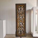 Rectangular Indonesian construction element with blue and yellow plant in carved wood