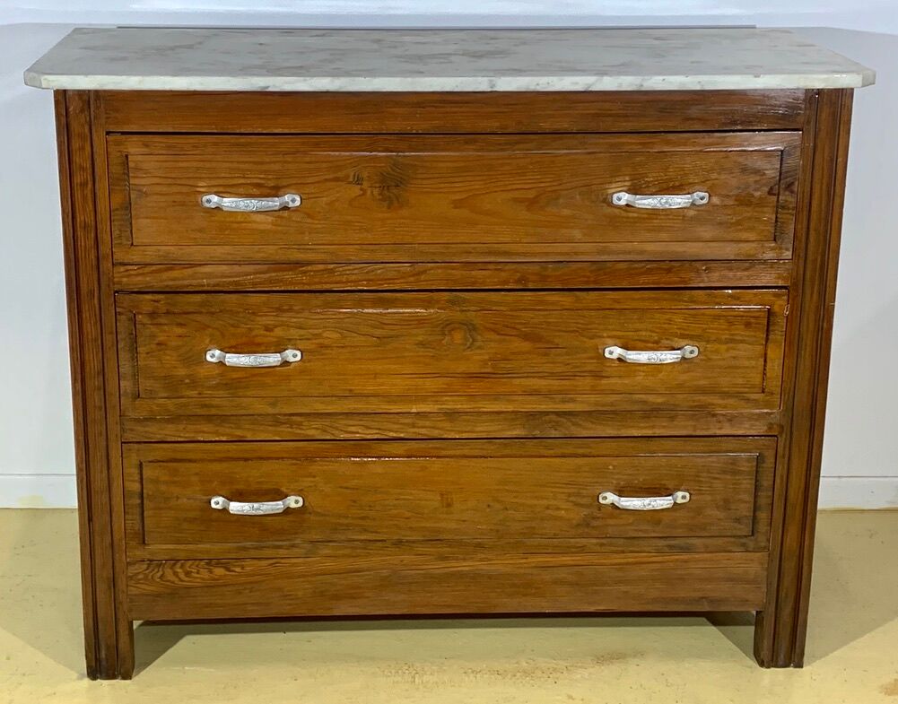 Commode style Art Déco, 3 tiroirs, marbre blanc
