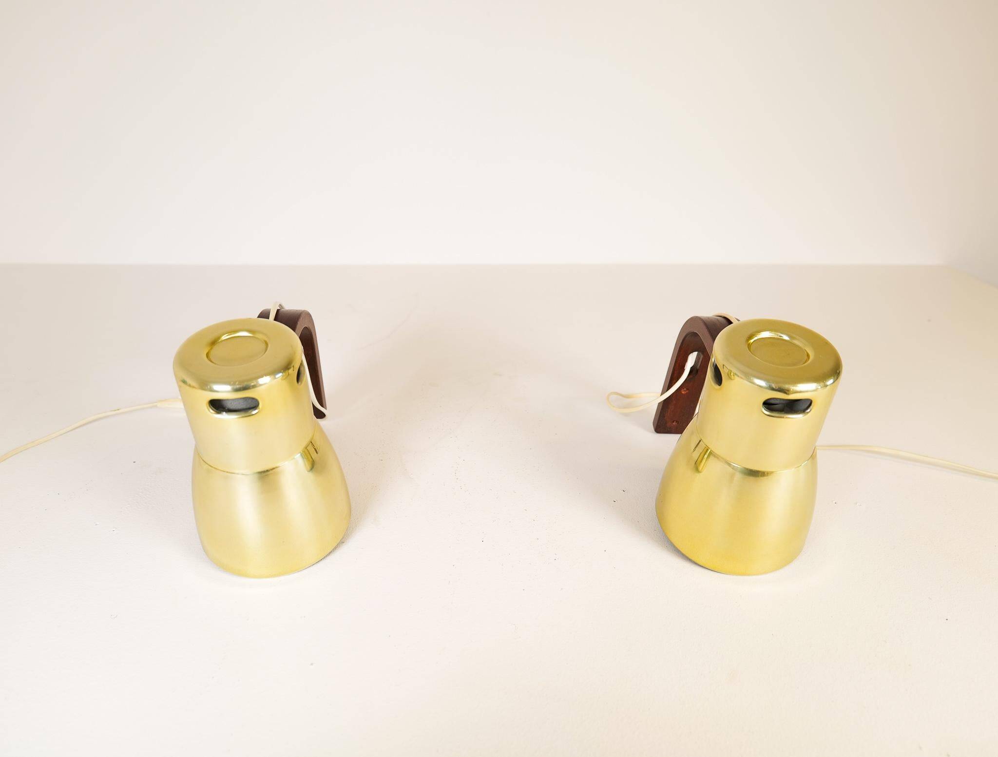 Hans-Agne Jakobsson Wall Lamps in Brass and Stained Wood, Sweden, 1970s
