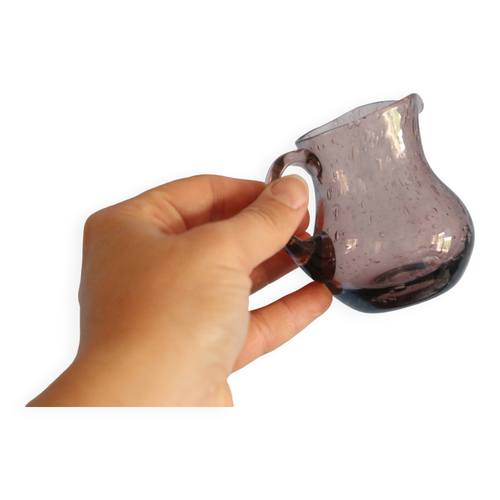 Milk jug, creamer, Biot in bubbled glass, handcrafted, purple, vintage