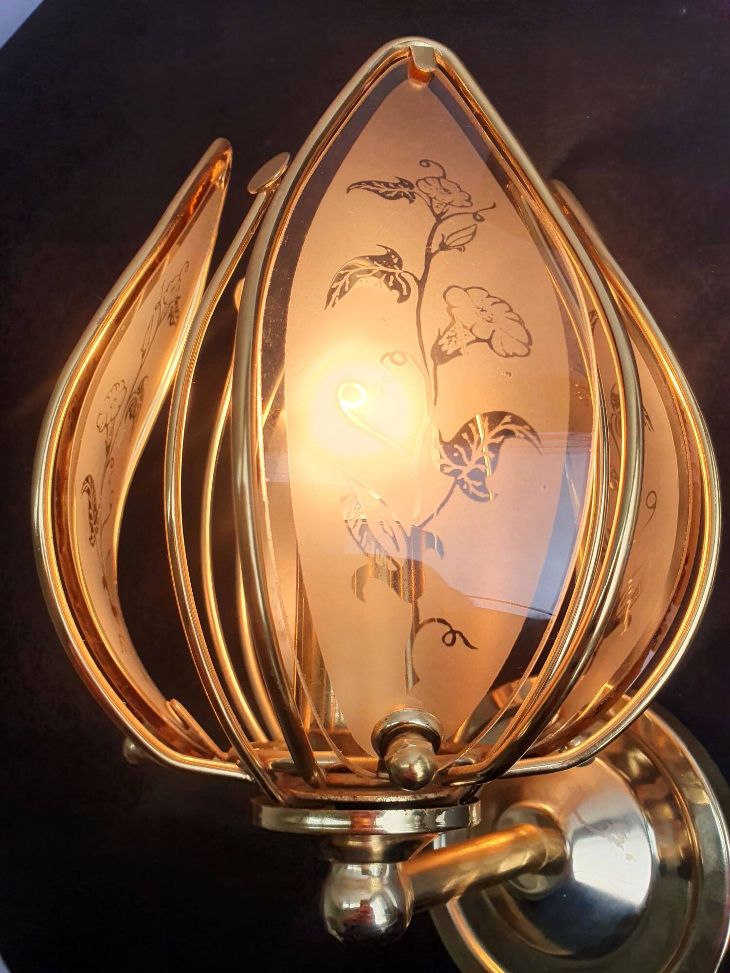 Pair of vintage brass wall sconces with glass shades